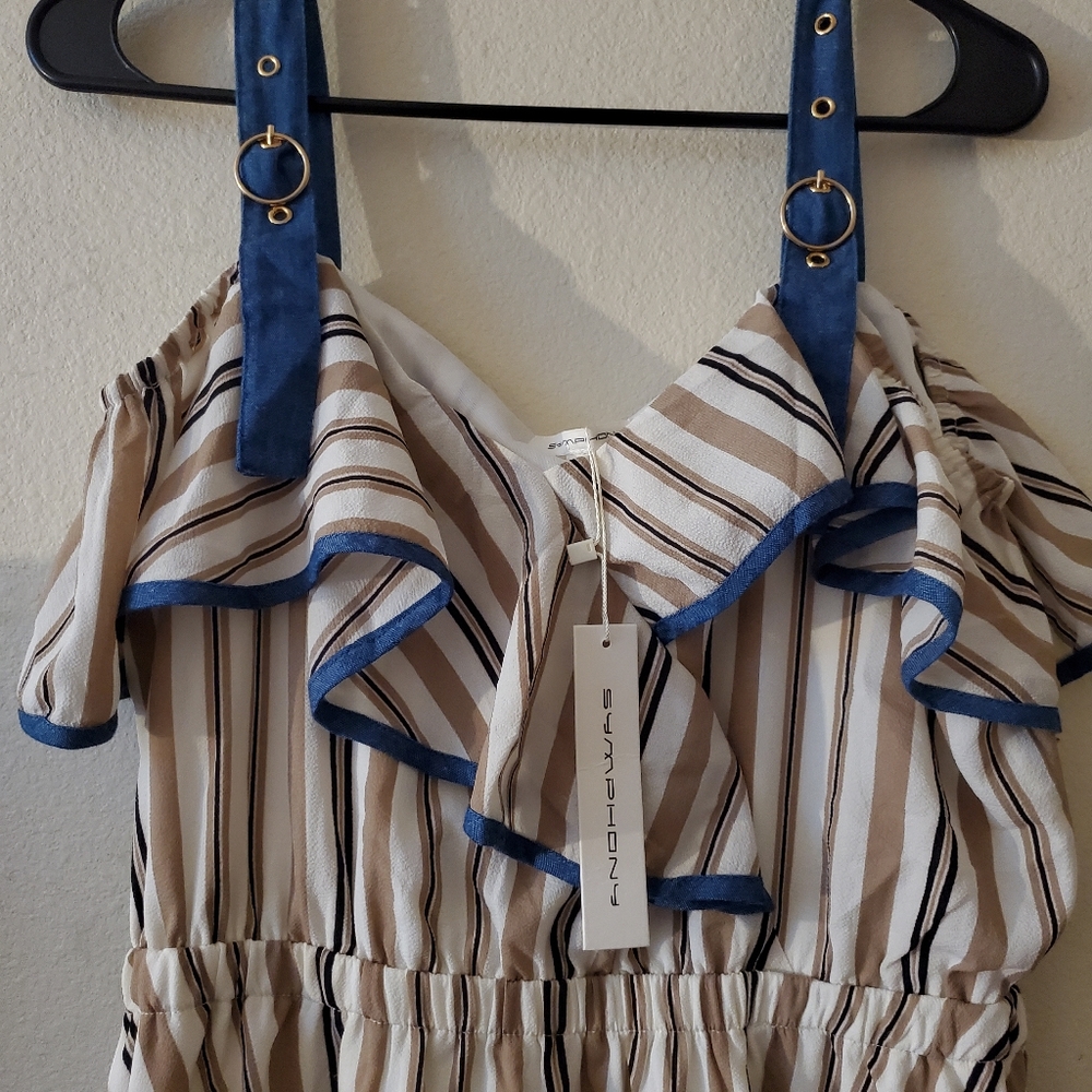 Symphony dress, size Large, white, tan, and denim.